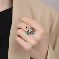 Bague paon plaquée argent bleu brûlé rétro en émail