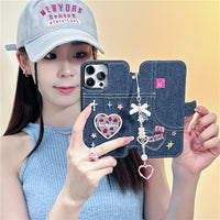 Denim Embroidery Heart Flip Cover iPhone Case