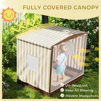 Kids Wooden Sandbox With Canopy Fully Covered, 2 Bench Seats, Bottom Liner, 56 X 40 X 52, Brown