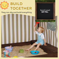 Kids Wooden Sandbox With Canopy Fully Covered, 2 Bench Seats, Bottom Liner, 56 X 40 X 52, Brown