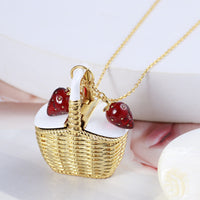 Simple Woven Picnic Basket Strawberry Pendant Long Necklace
