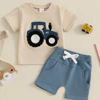 Toddler Boys Summer Outfits Truck Embroidered Round Neck
