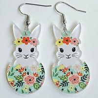 Pendientes florales de primavera con forma de huevo y pollito, cesta de flores de conejo de Pascua