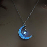 Glowing Crescent Moon Heart Owl Pendant Necklace
