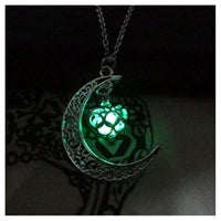 Glowing Crescent Moon Heart Owl Pendant Necklace