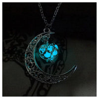 Glowing Crescent Moon Heart Owl Pendant Necklace