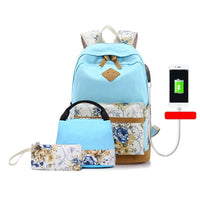 Floral Canvas School Bag Sets (3 Pcs)