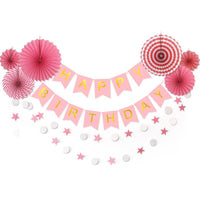 Abanicos de papel y pancartas de feliz cumpleaños