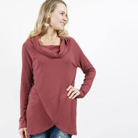 Brushed Waffle Knit Cowl Neck Tulip Front Tunic
