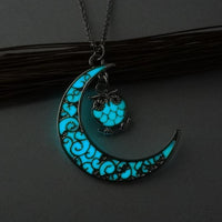 Glowing Crescent Moon Heart Owl Pendant Necklace