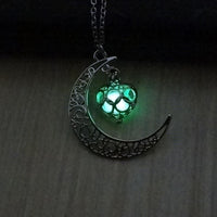 Glowing Crescent Moon Heart Owl Pendant Necklace