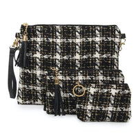 Accessoires d'hiver à carreaux en tweed métallisé doré