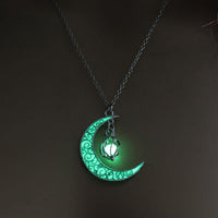 Glowing Crescent Moon Heart Owl Pendant Necklace
