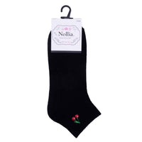 Chaussettes basses côtelées avec broderie cerise pour femme-LNVS3002 : Noir
