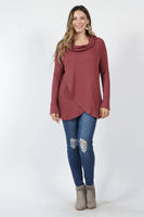 Brushed Waffle Knit Cowl Neck Tulip Front Tunic