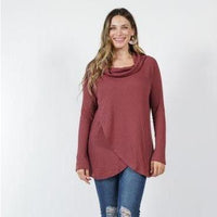 Brushed Waffle Knit Cowl Neck Tulip Front Tunic
