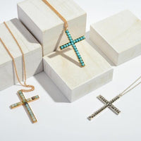 Natural Stone Beaded Cross Pendant Long Necklace