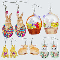 Pendientes florales de primavera con forma de huevo y pollito, cesta de flores de conejo de Pascua