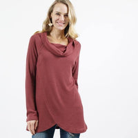 Brushed Waffle Knit Cowl Neck Tulip Front Tunic
