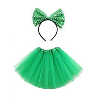 Irish Set Shamrock Sequined Big Bow Headband Three Tier Gauze Skirt
