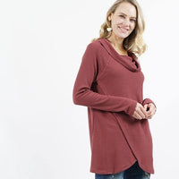 Brushed Waffle Knit Cowl Neck Tulip Front Tunic
