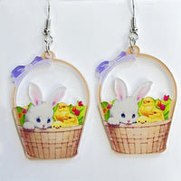 Pendientes florales de primavera con forma de huevo y pollito, cesta de flores de conejo de Pascua