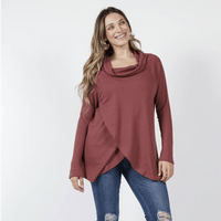 Brushed Waffle Knit Cowl Neck Tulip Front Tunic