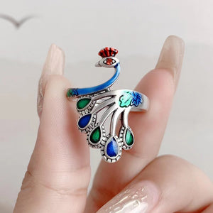 Retro Enamel Burnt Blue Silver-plated Peacock Ring