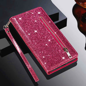 Zipper Glitter Leather Flip Card Wallet iPhone Case