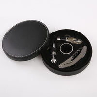 Round Leather Wood Tin Box Wine Set (4 Pc)
