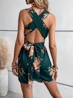 V-neck Sleeveless Backless Floral Print Shorts Jumpsuit
