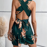 V-neck Sleeveless Backless Floral Print Shorts Jumpsuit