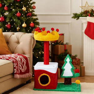 29.5in Christmas Themed Plush Cat Tree, Multi-level Cat Tower With Cat Condo, Top Crown Perch, Sisal Scratching Posts, Cat Pet Activity Center For Indoor Cats