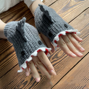 Nouveau Dessin animé gris requin chaud demi doigt gants tricotés