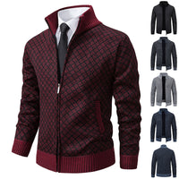 Thickened Plaid Print Jacket Cardigan Slim Fit Zipper Stand Collar Sweater (Mens)
