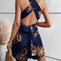 V-neck Sleeveless Backless Floral Print Shorts Jumpsuit