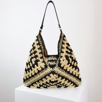 Handmade Straw Woven Hollow Contrast Color Weave Shoulder Bag
