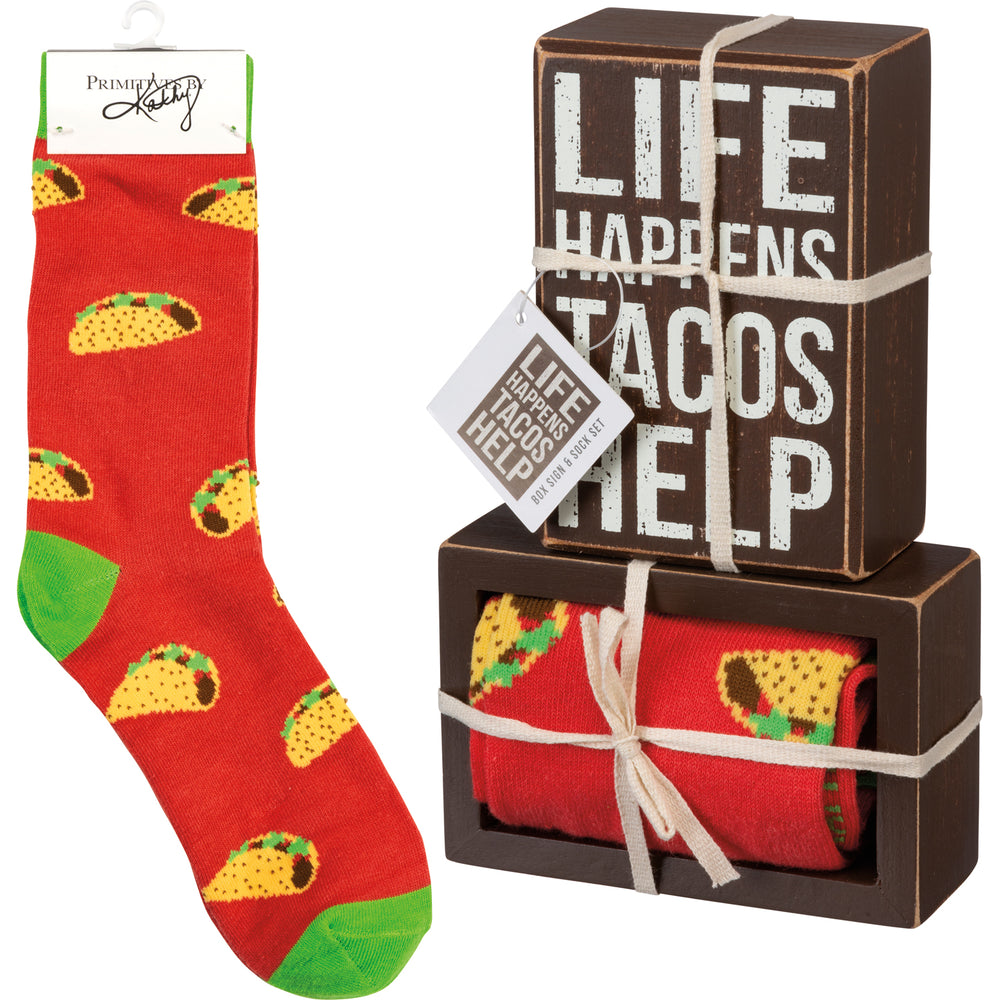Life Happens Tacos Help - Box Sign And Sock Set