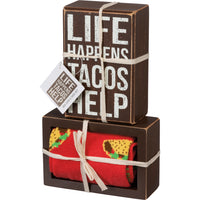 Life Happens Tacos Help - Box Sign And Sock Set
