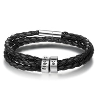 Braided Genuine Leather Bracelet Personalized Stainless Steel Beads Name Charm Bracelet
