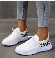 White Shoes Women Leopard Print Lace-up Sneakers Sports

