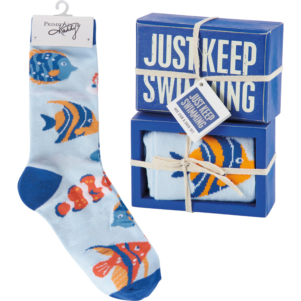 Just Keep Swimming - Box Sign And Sock Set
