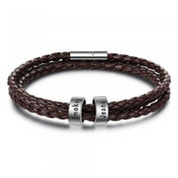 Bracelet tressé en cuir véritable, perles en acier inoxydable personnalisées, bracelet à breloques avec nom