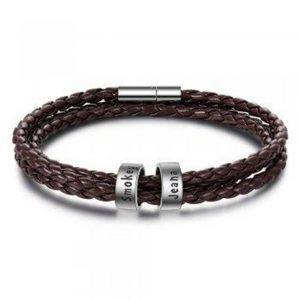 Braided Genuine Leather Bracelet Personalized Stainless Steel Beads Name Charm Bracelet