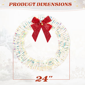 24in Pre-lit Iridescent Outdoor Christmas Wreath Decoration, Lighted Metal Wreath With Red Bow, Warm White LED Lights, For Front Door Gate Wall Indoor Outdoor Holiday Party