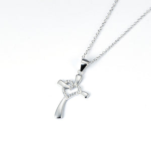 925 Sterling Silver Rhinestone Heart Cross Necklace