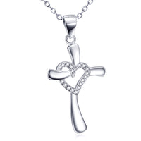 925 Sterling Silver Rhinestone Heart Cross Necklace