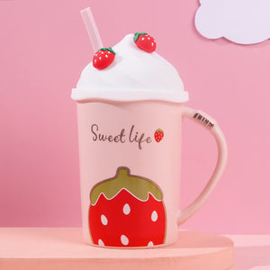 Creative Strawberry Ceramic Mug With Silicone Lid For Straw Cup