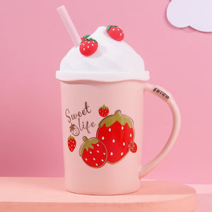 Creative Strawberry Ceramic Mug With Silicone Lid For Straw Cup