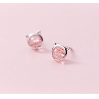 Small Peach Blossom Strawberry Crystal Cute Kitten Earrings